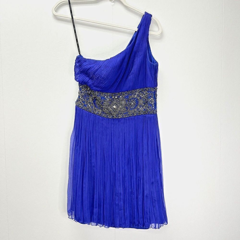 Sue Wong Nocturne Blue Silk Beaded Sequin Embellished One Shoulder Mini Dress 6